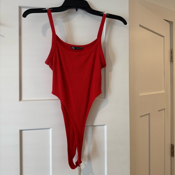 Zara Tops - Zara Red High Cut Spaghetti Strap Bodysuit, Size Small